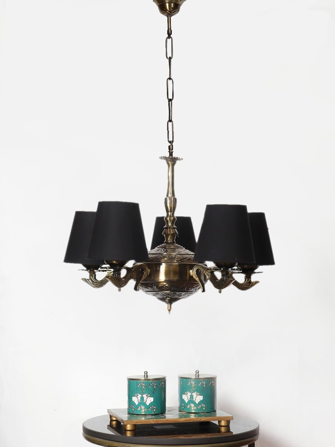 Lights conical Black Cotton Shade with Antique Golden Chandelier