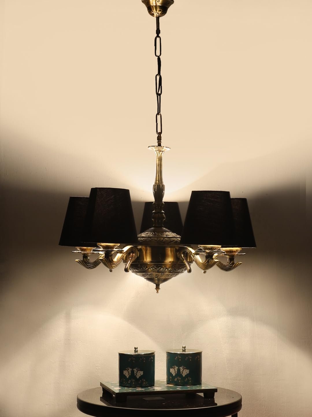 Lights conical Black Cotton Shade with Antique Golden Chandelier