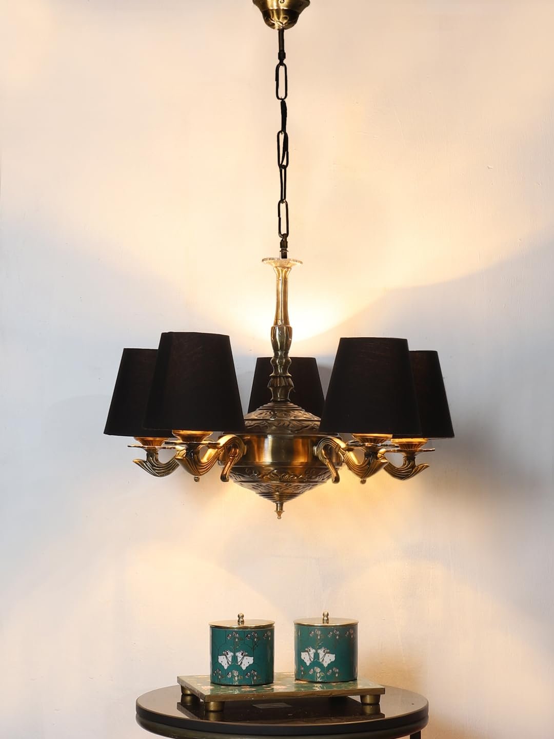 Lights conical Black Cotton Shade with Antique Golden Chandelier