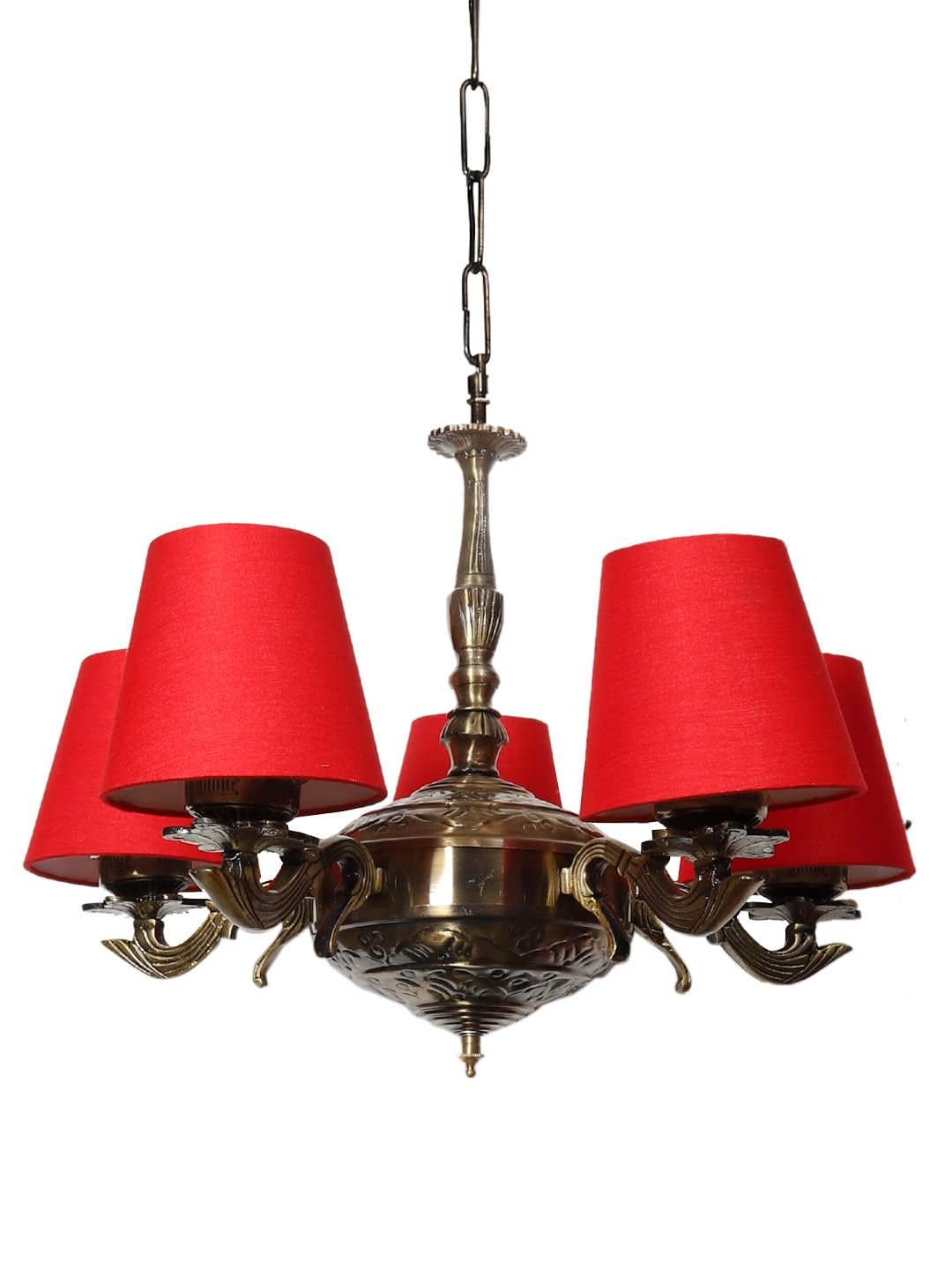 Lights Red conical Cotton Shade with Antique Golden Chandelier
