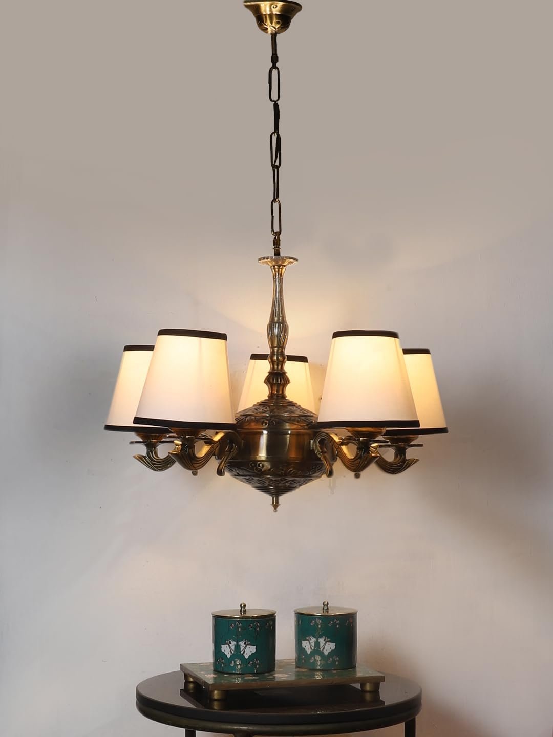 Lights White & Black conical Cotton Shade with Antique Golden Chandelier