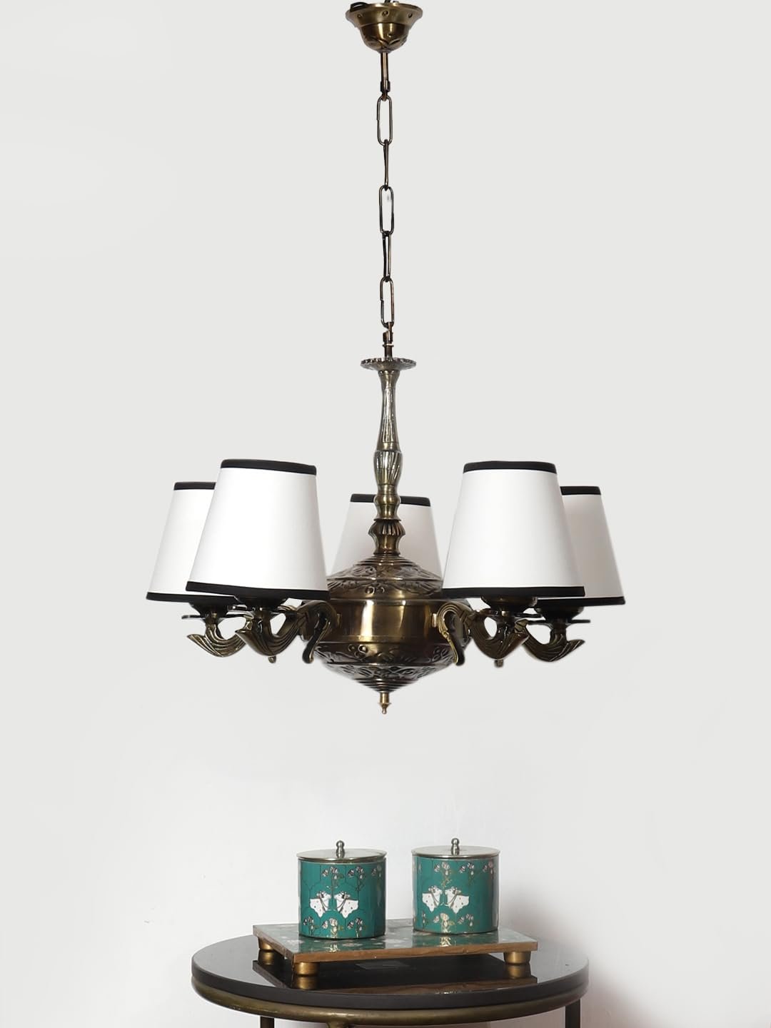 Lights White & Black conical Cotton Shade with Antique Golden Chandelier