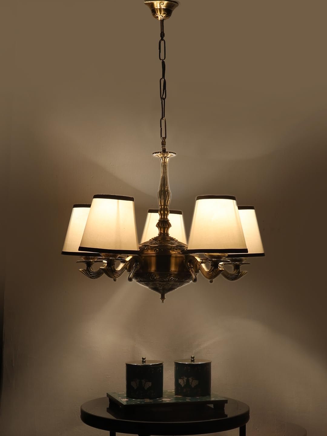 Lights White & Black conical Cotton Shade with Antique Golden Chandelier