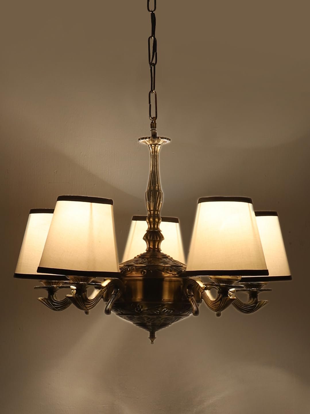 Lights White & Black conical Cotton Shade with Antique Golden Chandelier