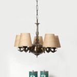 Lights Beige Jute conical Shade with Antique Golden Chandelier