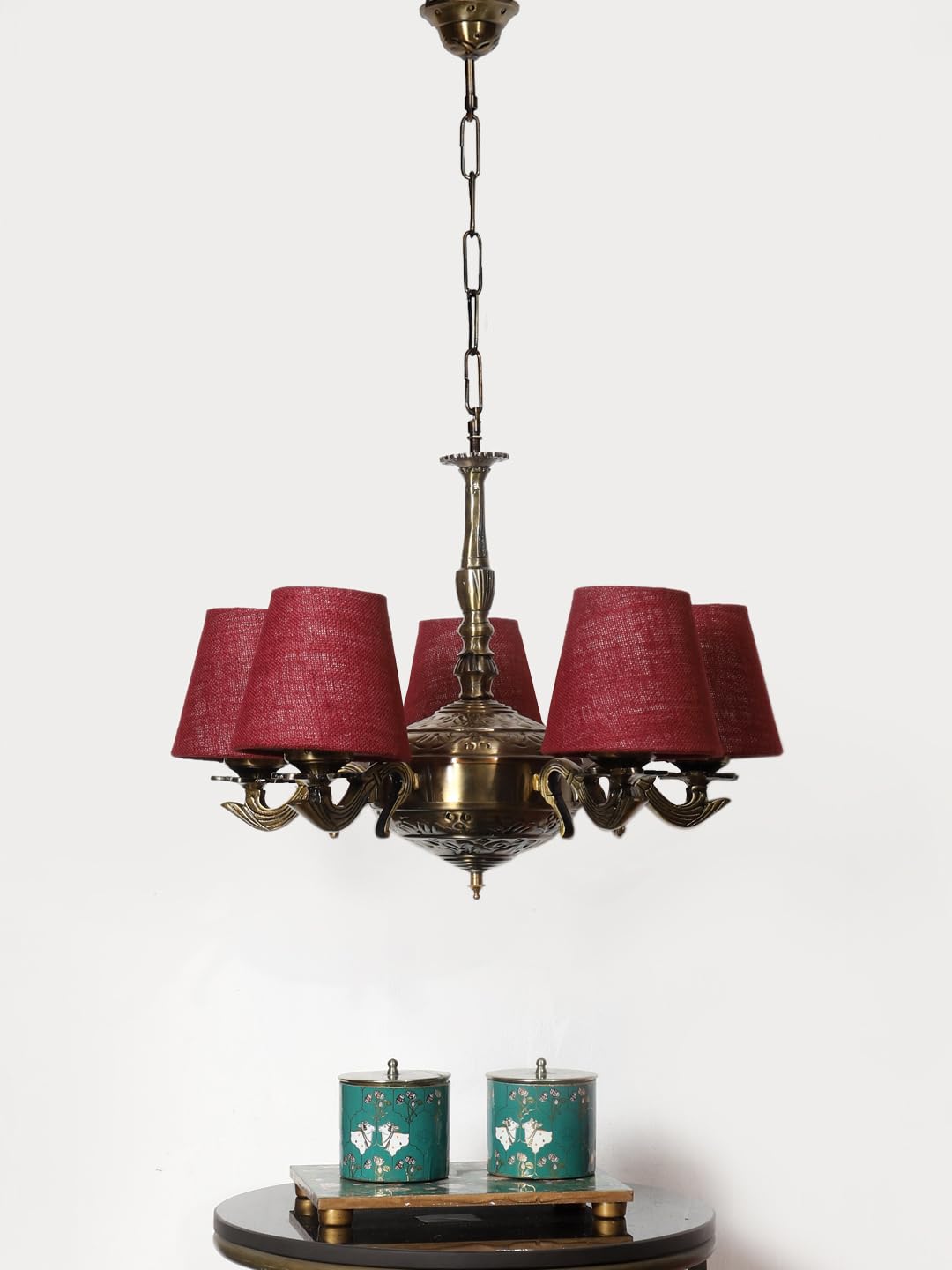 Lights Maroon Jute conical Shade with Antique Golden Chandelier