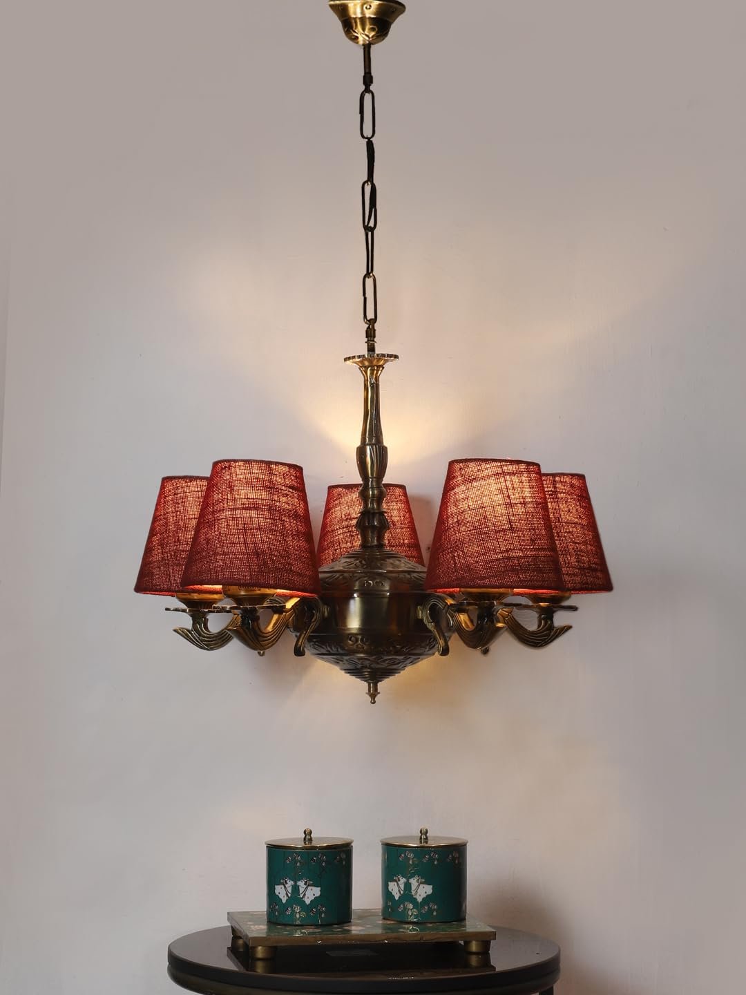 Lights Maroon Jute conical Shade with Antique Golden Chandelier
