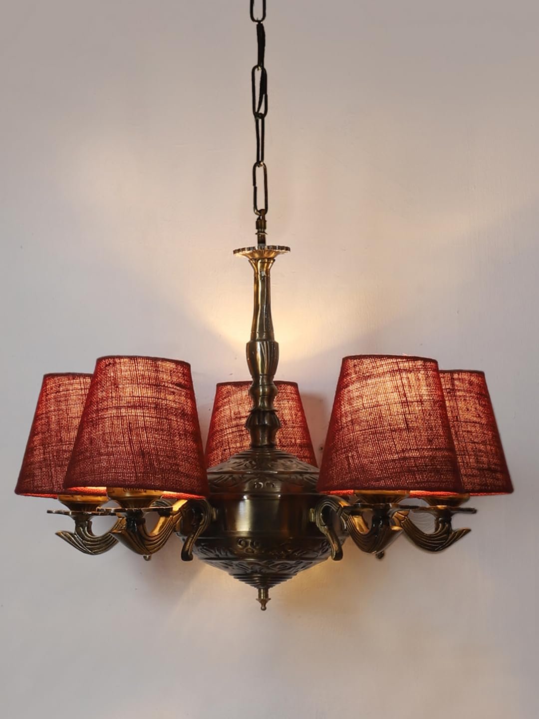 Lights Maroon Jute conical Shade with Antique Golden Chandelier
