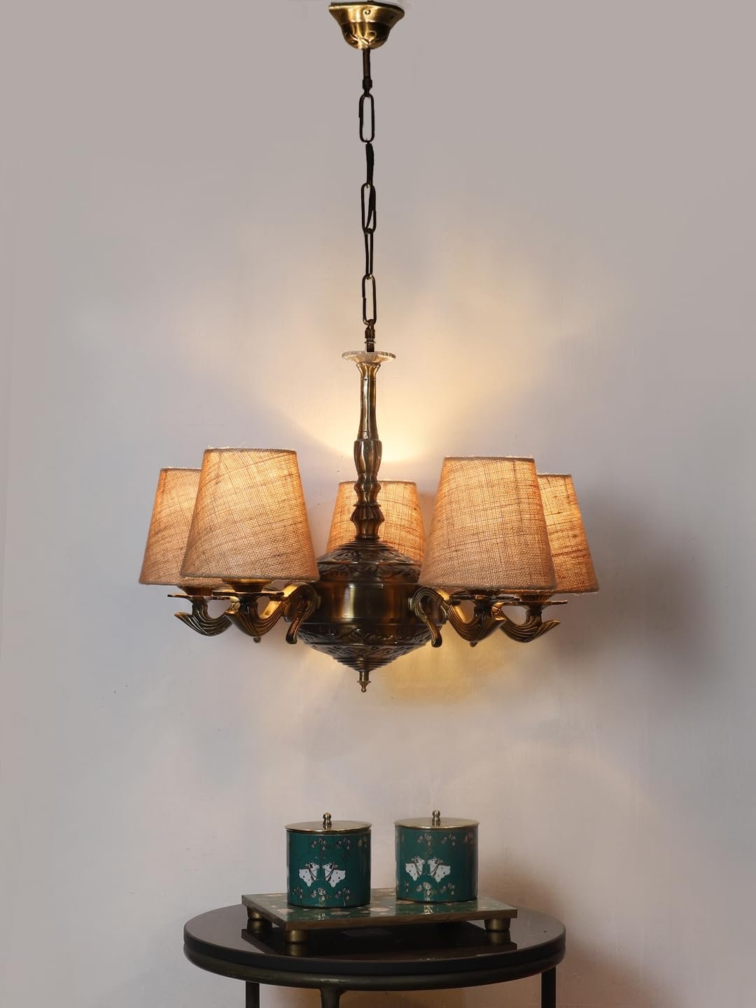 Lights Blue Jute conical Shade with Antique Golden Chandelier