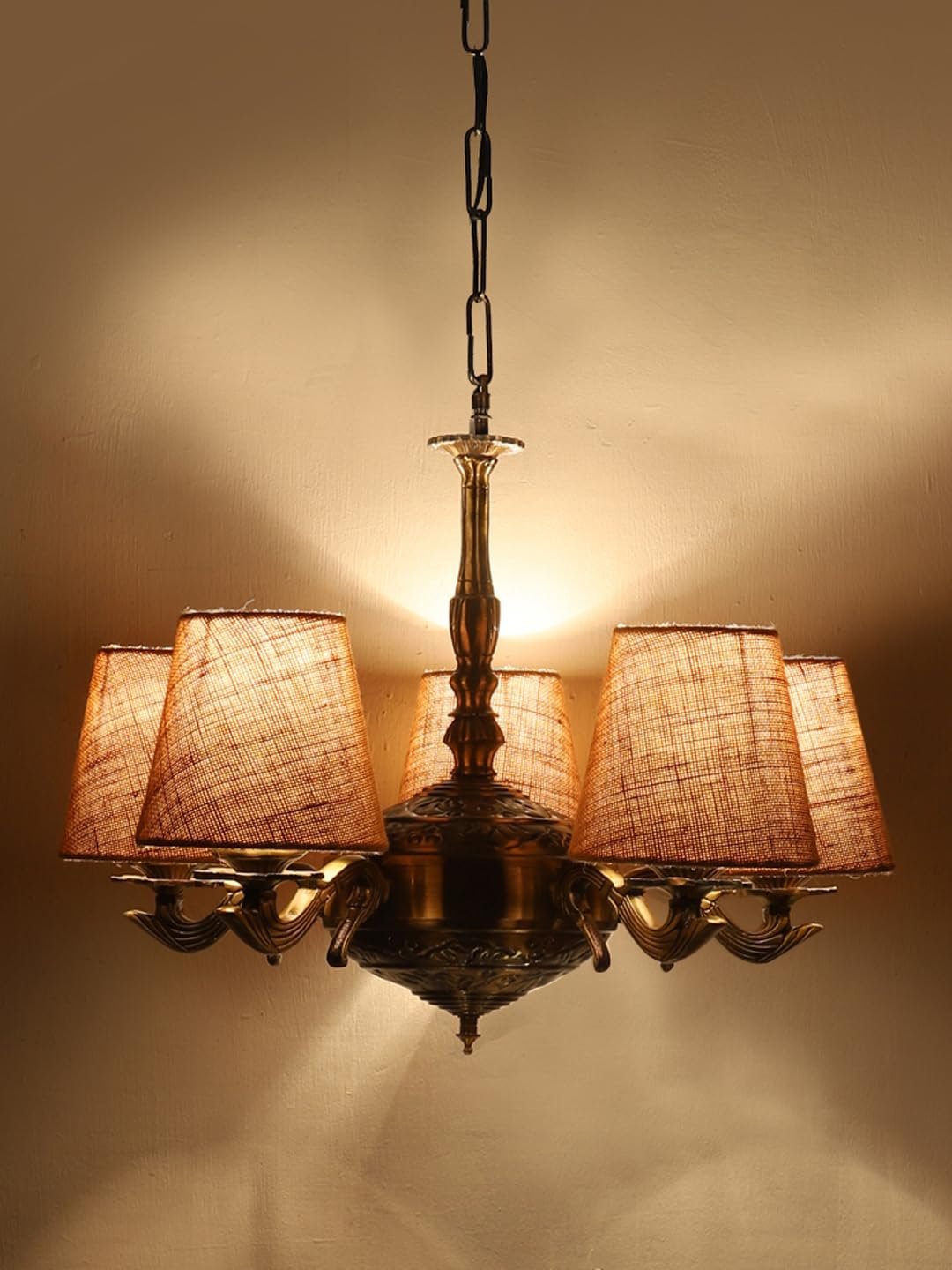 Lights Blue Jute conical Shade with Antique Golden Chandelier