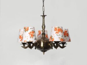 Lights Printed conical Cotton Shade with Antique Golden Chandelier -A