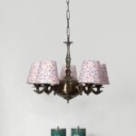 Lights Printed conical Cotton Shade with Antique Golden Chandelier -C