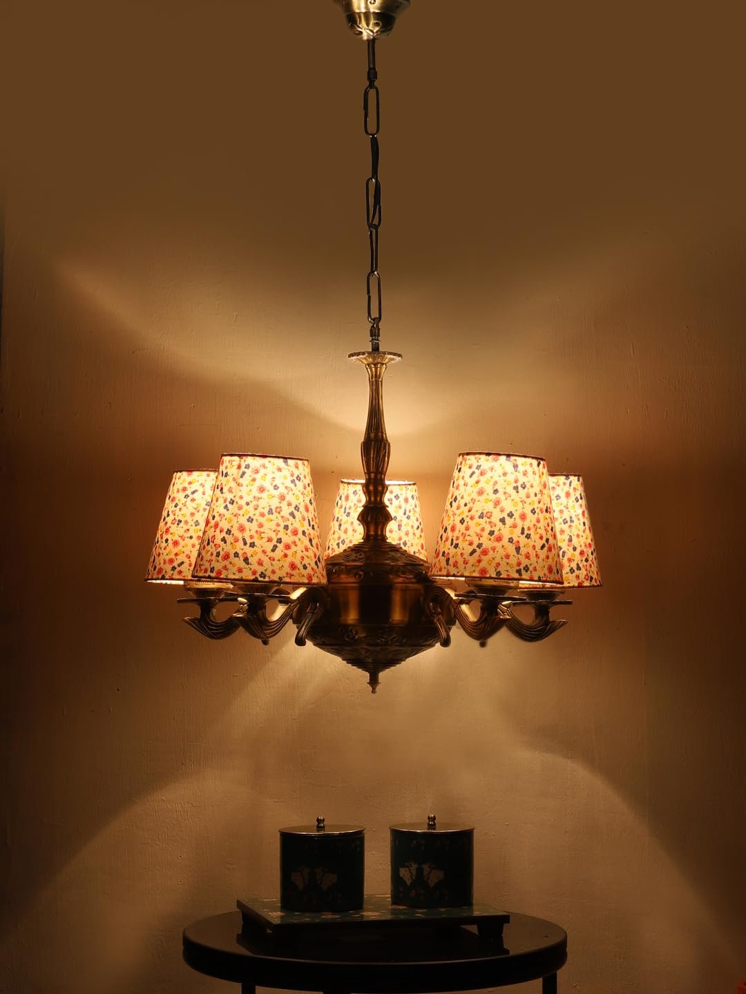 Lights Printed conical Cotton Shade with Antique Golden Chandelier -C