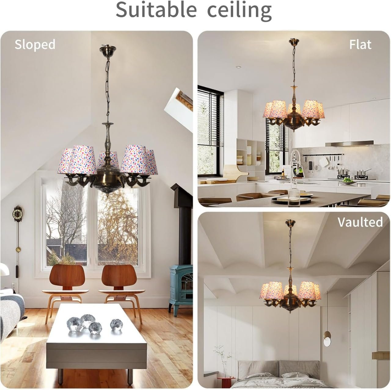 Lights Printed conical Cotton Shade with Antique Golden Chandelier -C