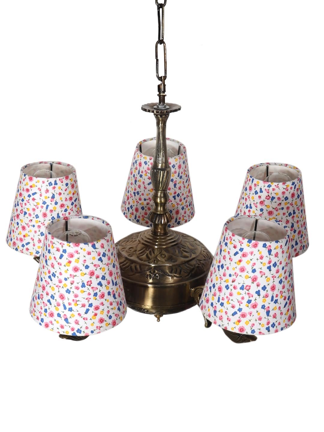Lights Printed conical Cotton Shade with Antique Golden Chandelier -C