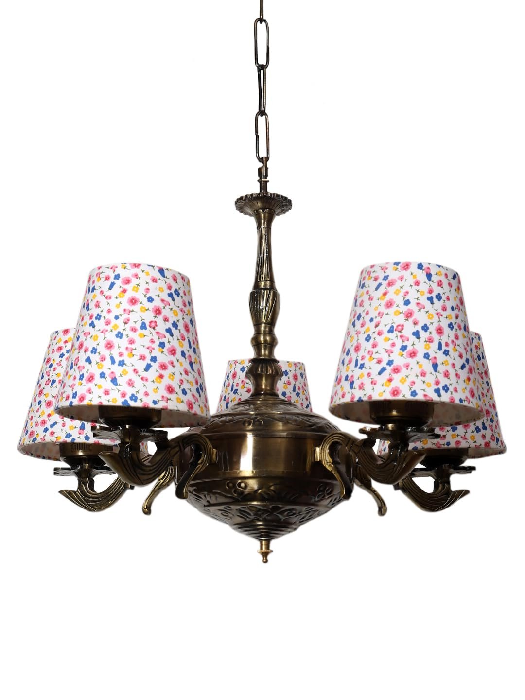 Lights Printed conical Cotton Shade with Antique Golden Chandelier -C