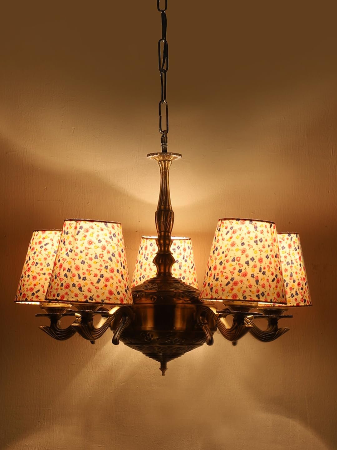 Lights Printed conical Cotton Shade with Antique Golden Chandelier -C