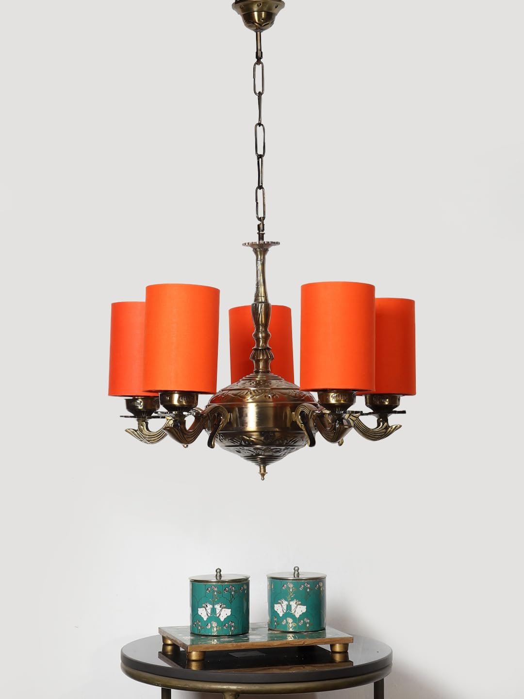 Lights Orange Round Cotton Shade with Antique Golden Chandelier