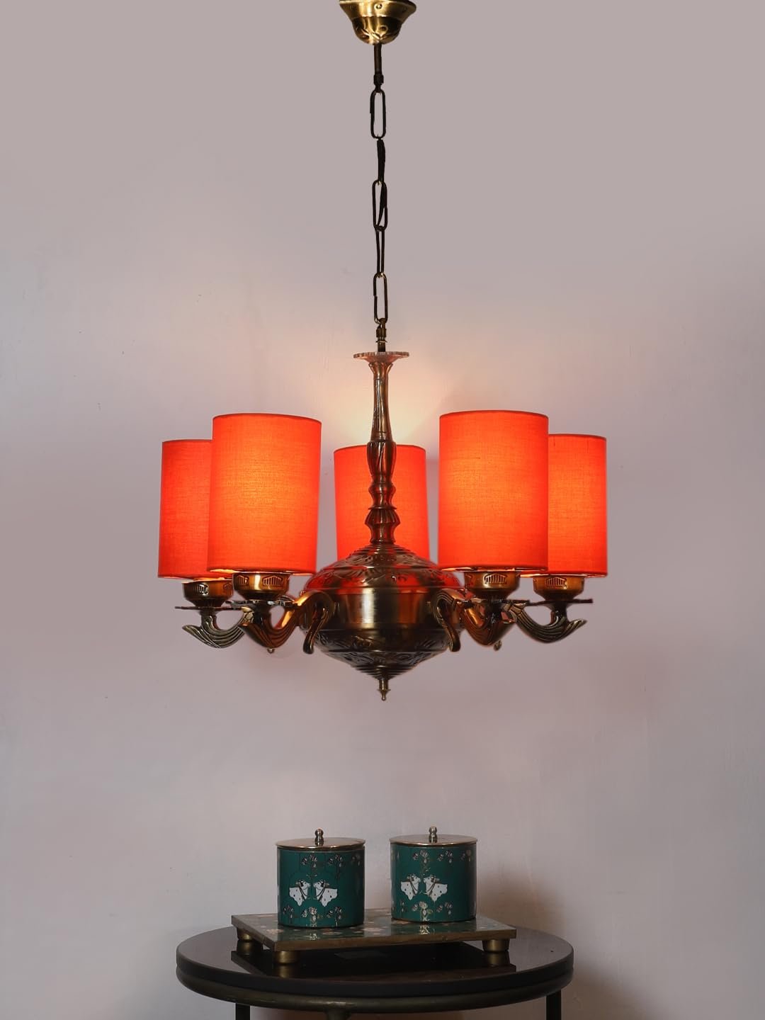 Lights Orange Round Cotton Shade with Antique Golden Chandelier