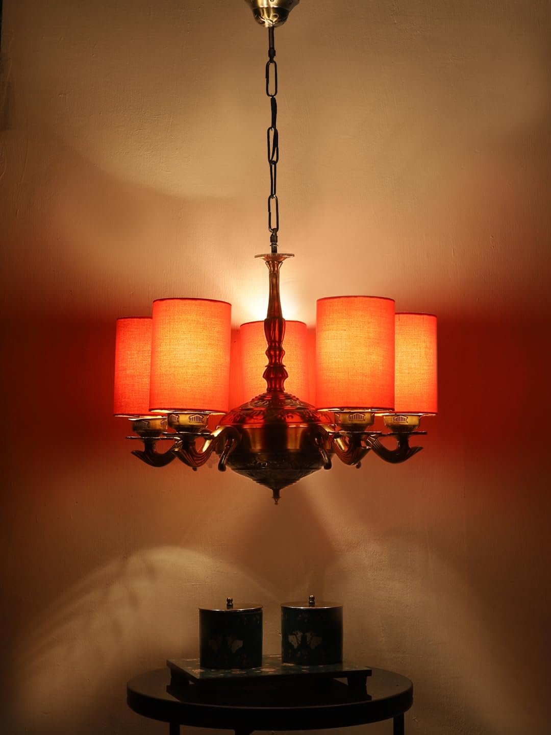 Lights Orange Round Cotton Shade with Antique Golden Chandelier