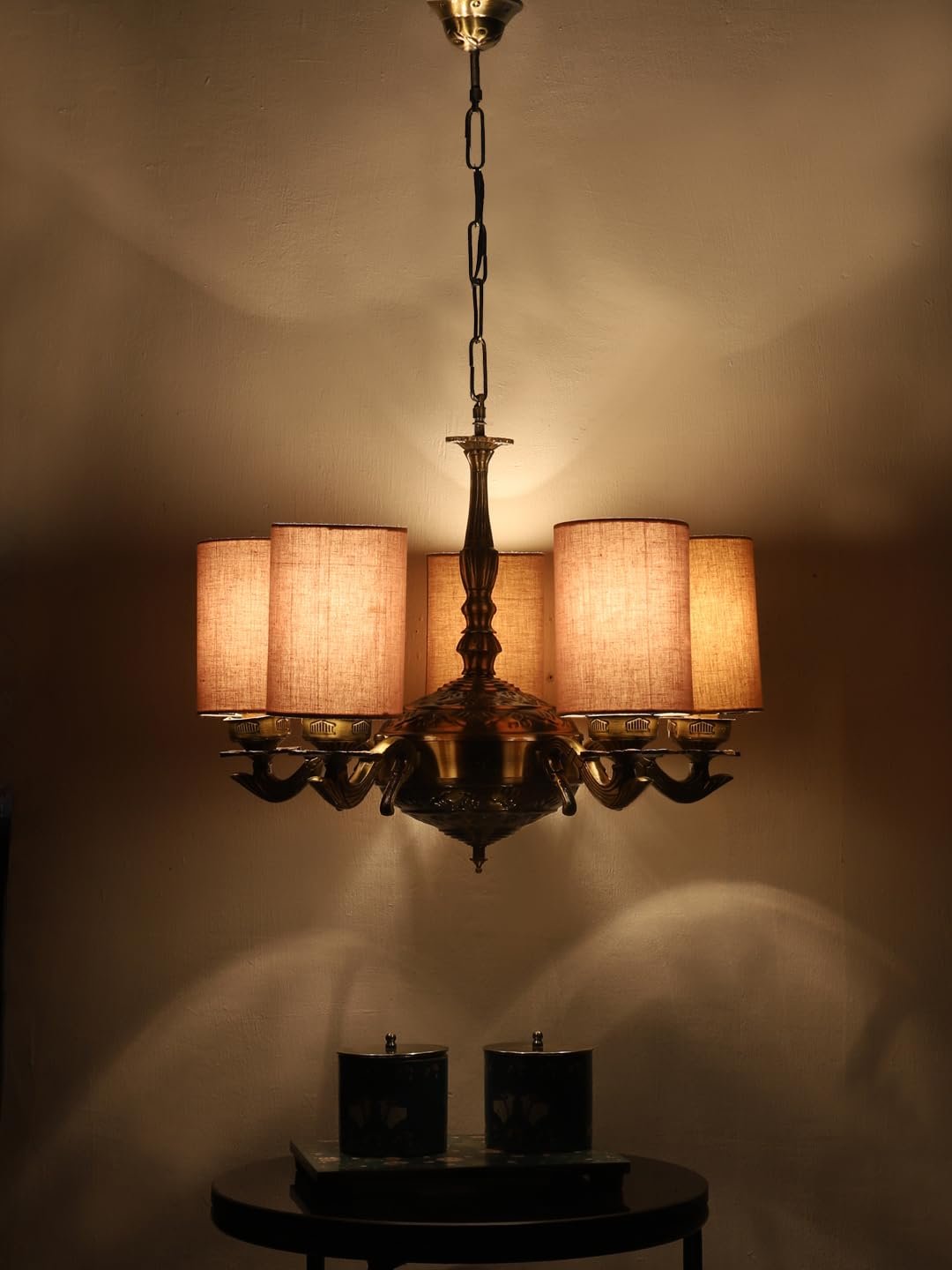 Lights Grey Round Cotton Shade with Antique Golden Chandelier