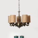 Lights Beige Jute Round Shade with Antique Golden Chandelier