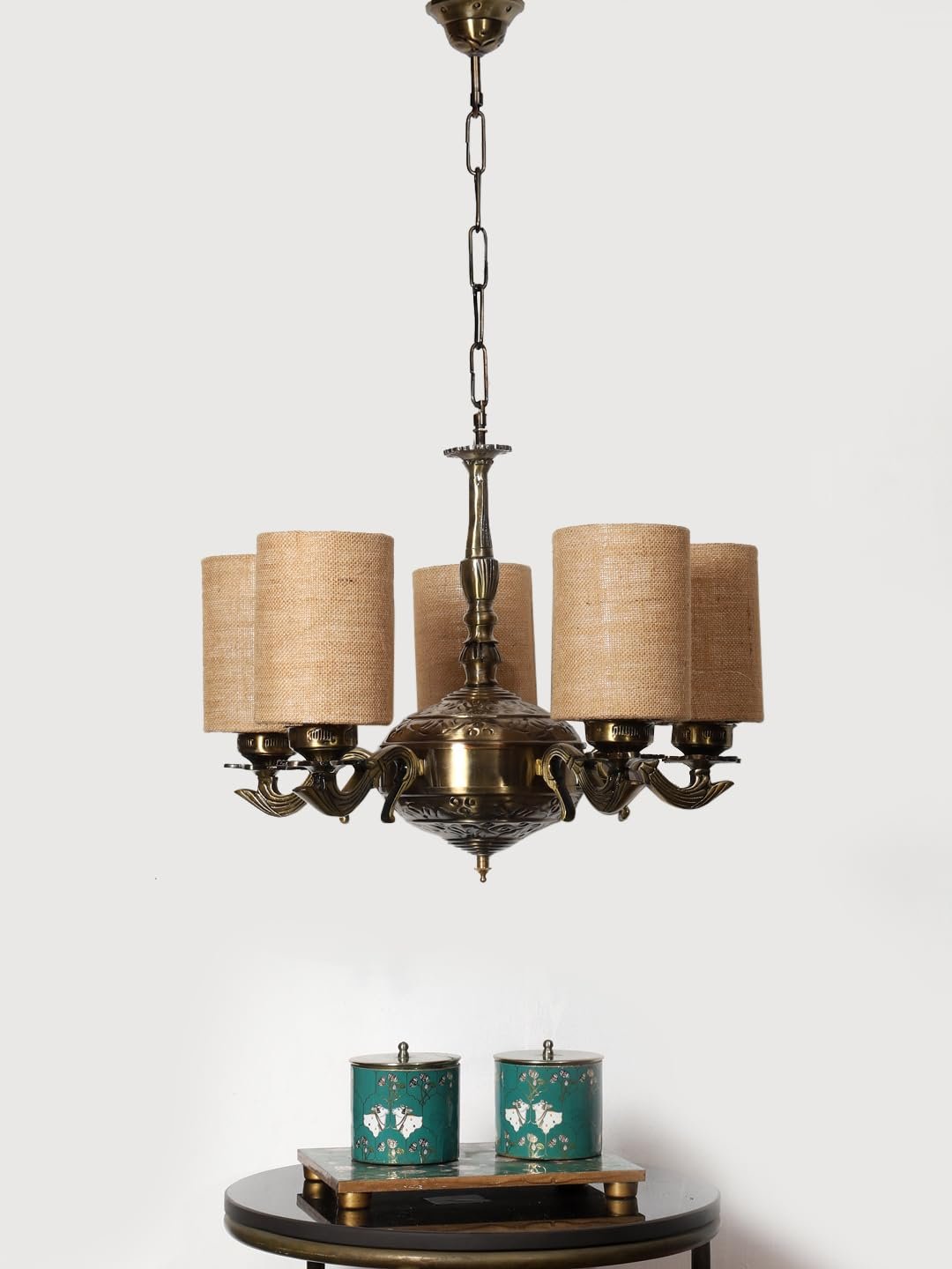 Lights Beige Jute Round Shade with Antique Golden Chandelier