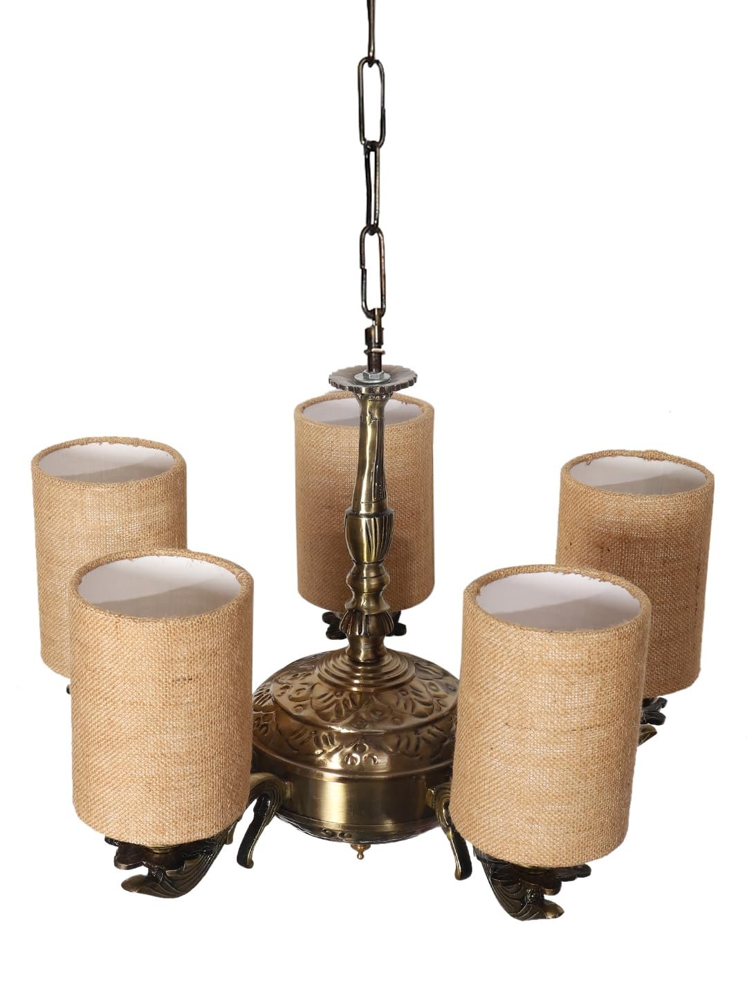 Lights Beige Jute Round Shade with Antique Golden Chandelier