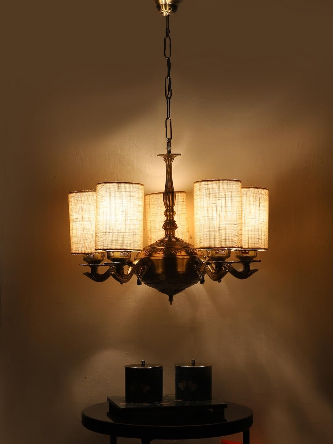 Lights White Jute Round Shade with Antique Golden Chandelier