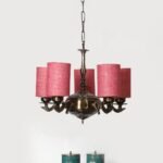 Lights Pink Jute Round Shade with Antique Golden Chandelier