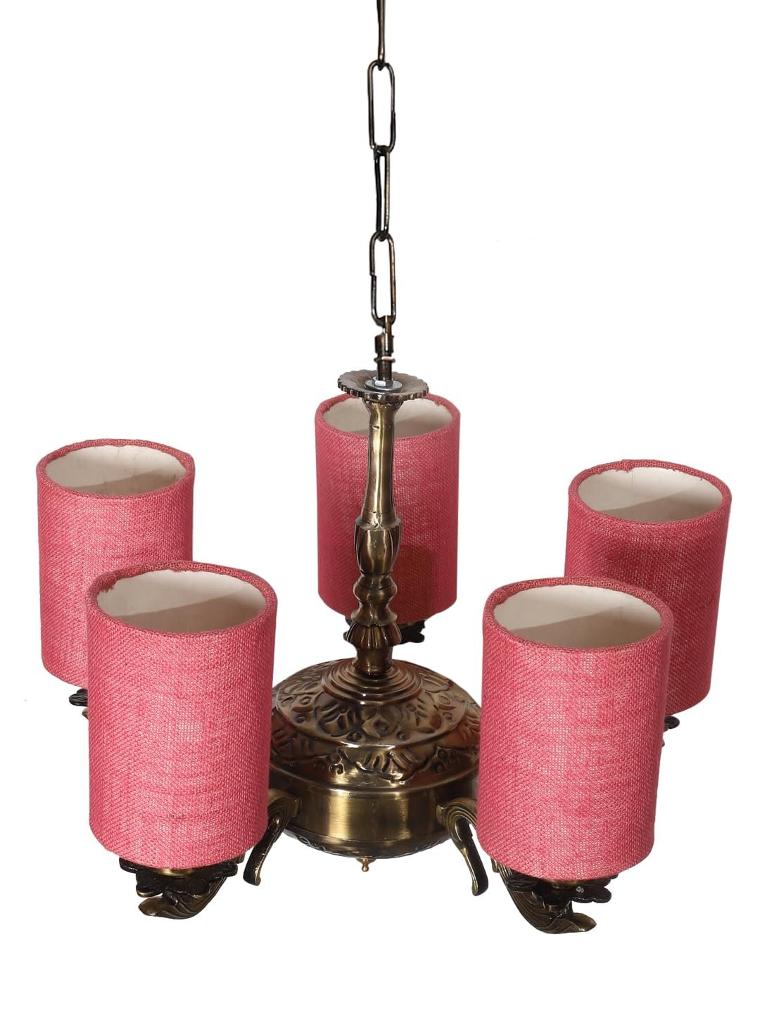 Lights Pink Jute Round Shade with Antique Golden Chandelier