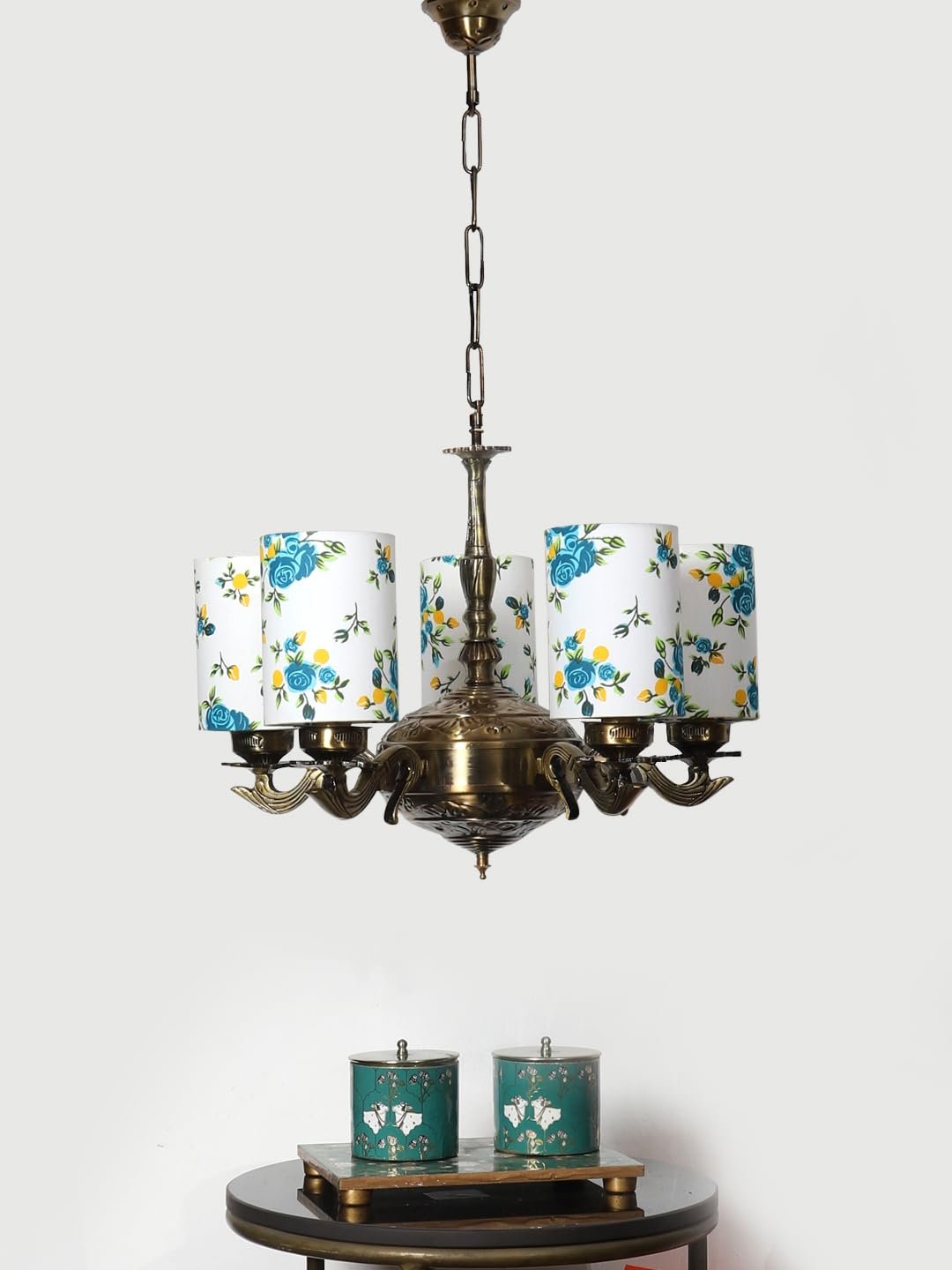Lights Printed Round Cotton Shade with Antique Golden Chandelier -E