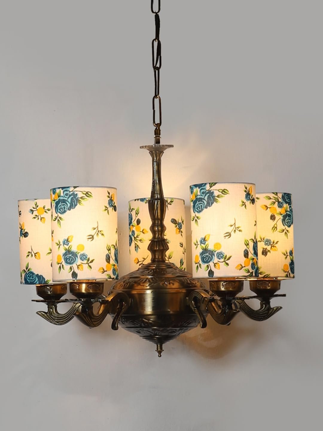 Lights Printed Round Cotton Shade with Antique Golden Chandelier -E