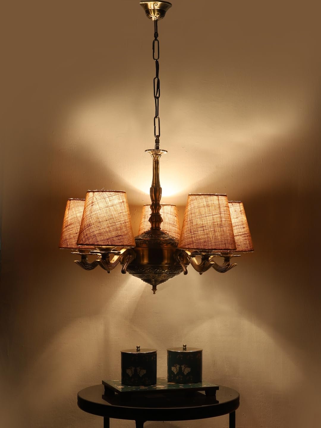 Lights Black Round Cotton Shade with Antique Golden Chandelier -J