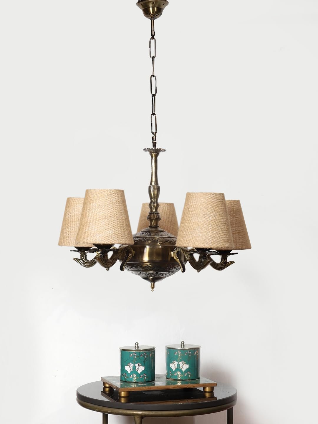Lights Black Round Cotton Shade with Antique Golden Chandelier -J