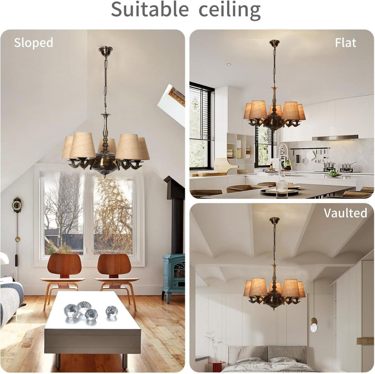 Lights Black Vintage Cotton Shade with Antique Golden Chandelier -M