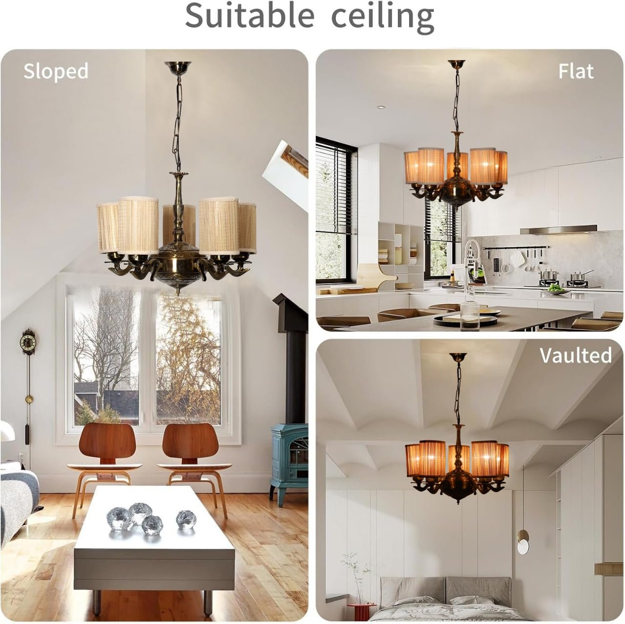 Lights Bamboo Round Shade with Antique Golden Chandelier