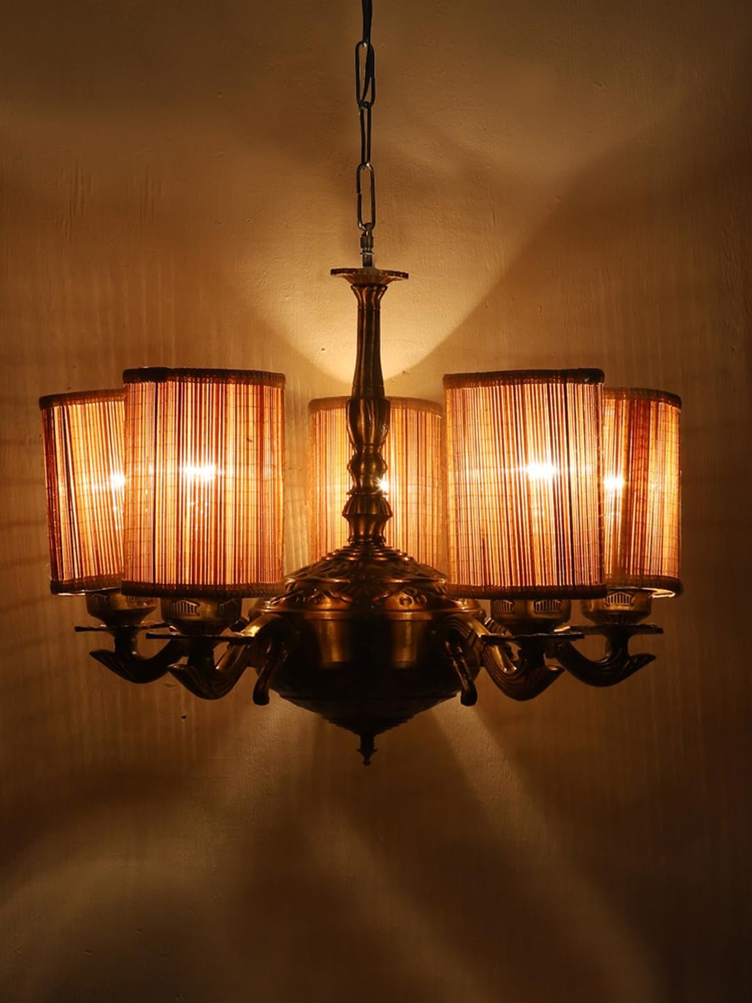 Lights Bamboo Round Shade with Antique Golden Chandelier