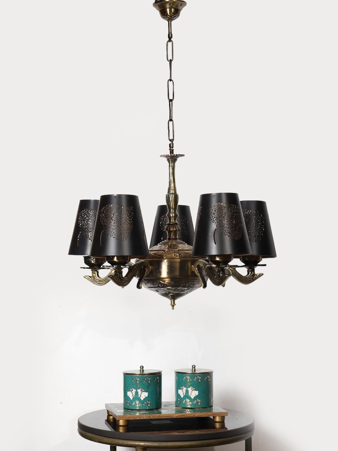 Lights Metal Leaf Etched Shade with Antique Golden Chandelier -X