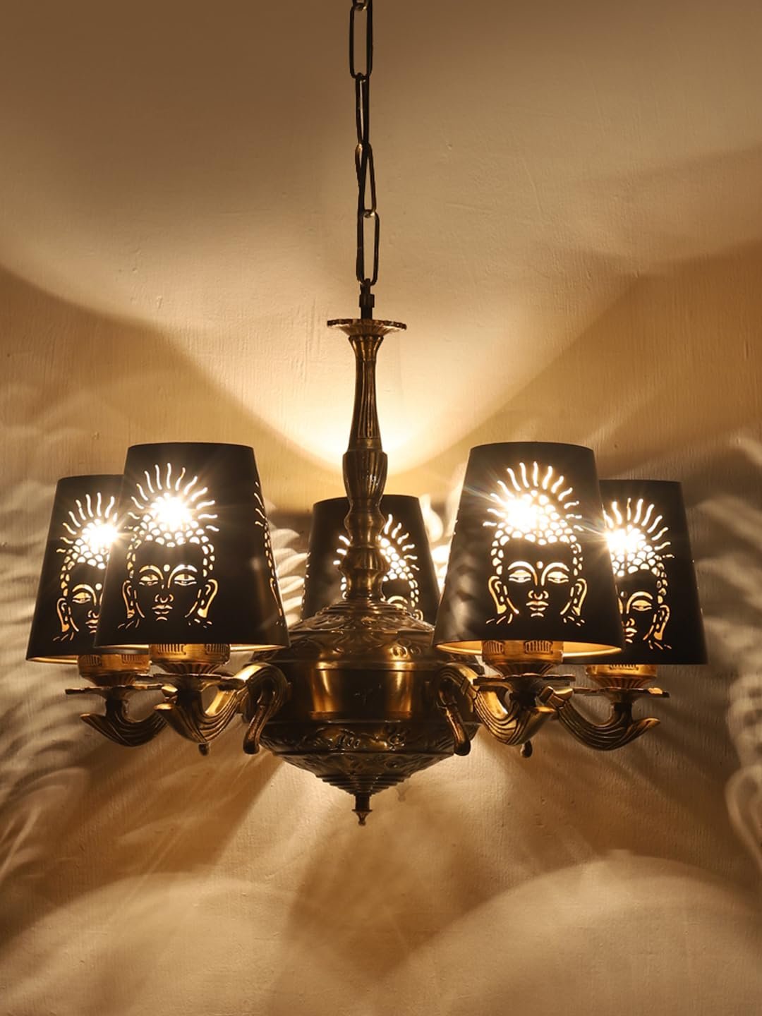 Lights Budha JI Metal Etched Shade with Antique Golden Chandelier -ZE