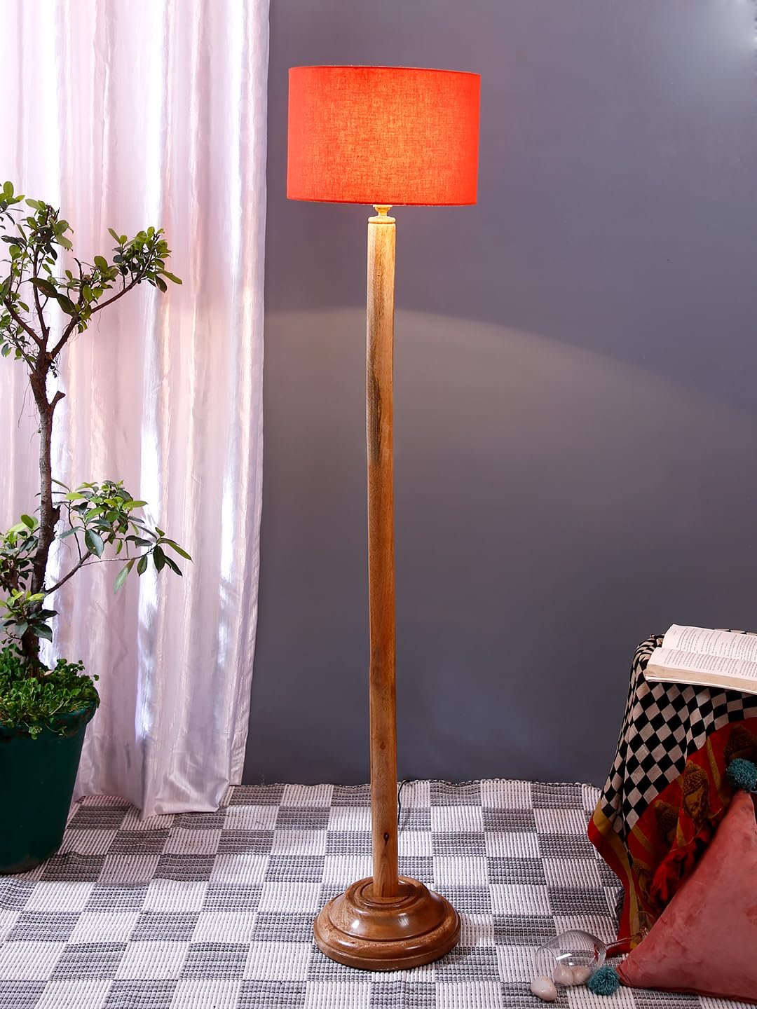Orange Cotton Drum Shade with Wood Floor lamp for Decoration/Office/Home/Gifting/Study .-(12x12x57 Inches)