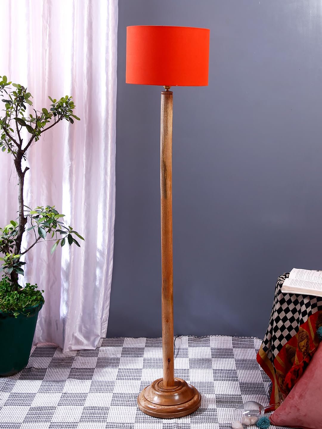 Orange Cotton Drum Shade with Wood Floor lamp for Decoration/Office/Home/Gifting/Study .-(12x12x57 Inches)