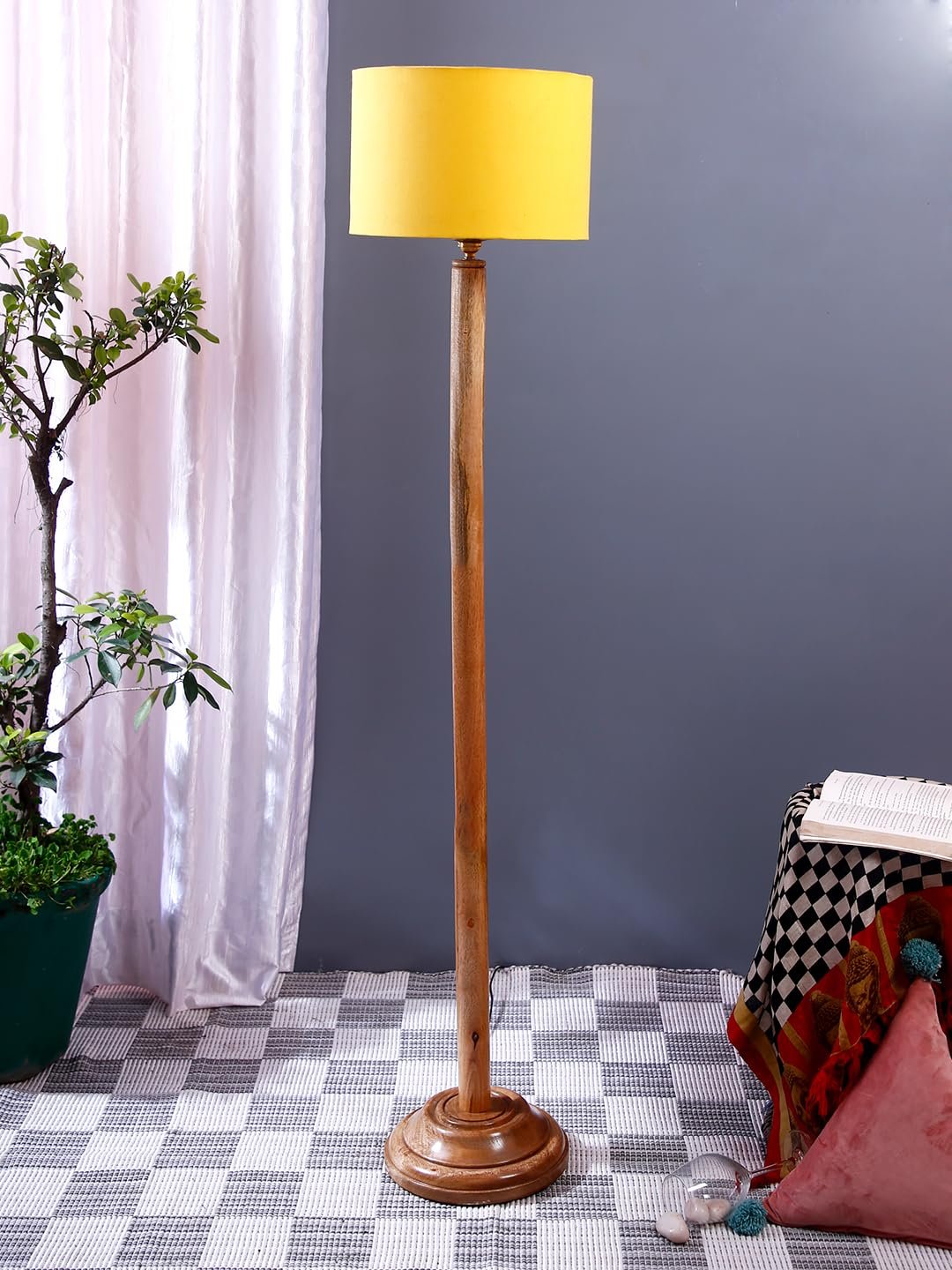 Yellow Cotton Drum Shade with Wood Floor lamp for Decoration/Office/Home/Gifting/Study .-(12x12x57 Inches)