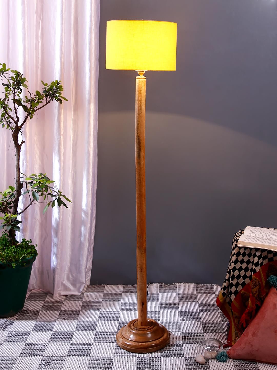 Yellow Cotton Drum Shade with Wood Floor lamp for Decoration/Office/Home/Gifting/Study .-(12x12x57 Inches)