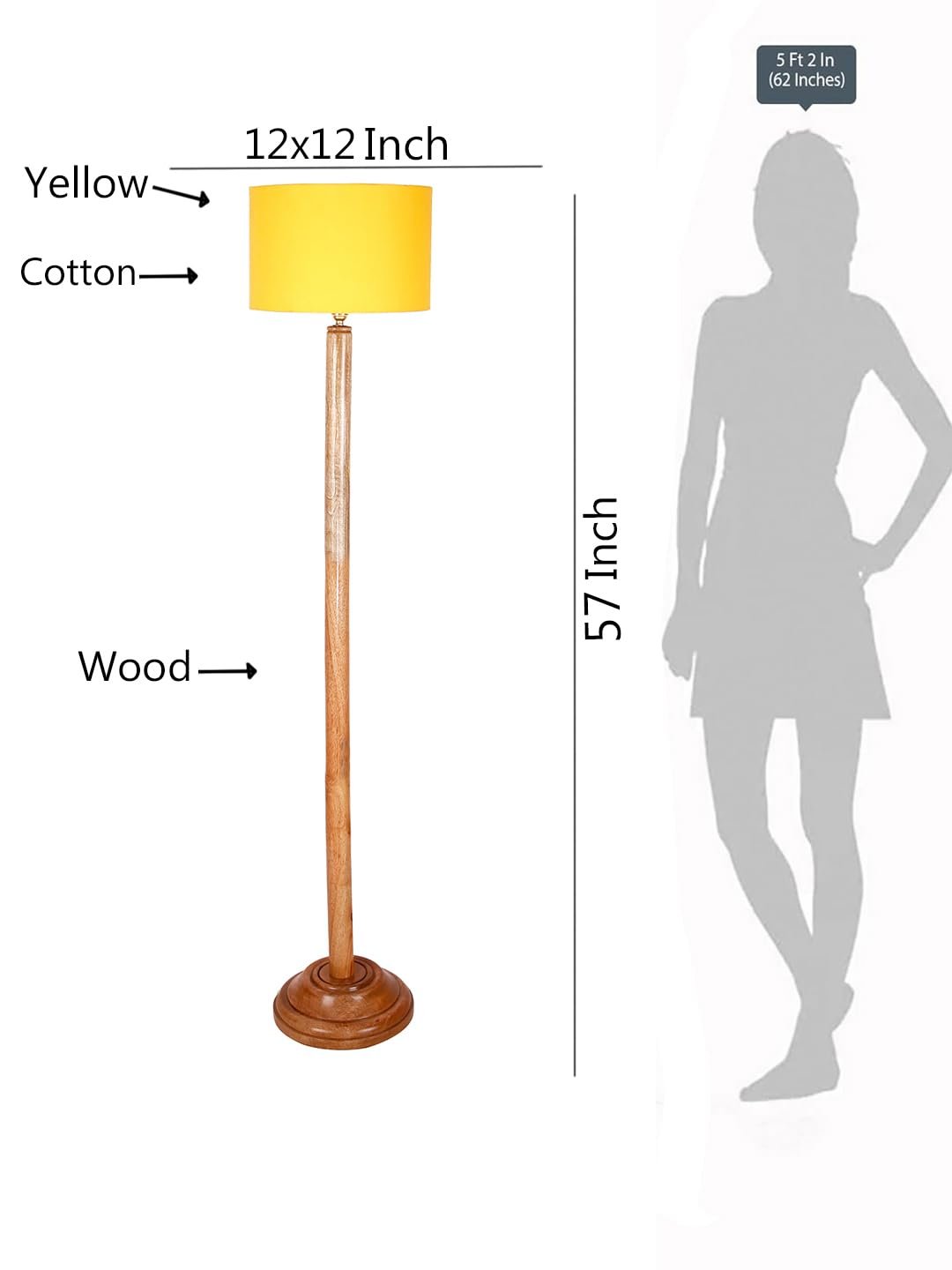 Yellow Cotton Drum Shade with Wood Floor lamp for Decoration/Office/Home/Gifting/Study .-(12x12x57 Inches)