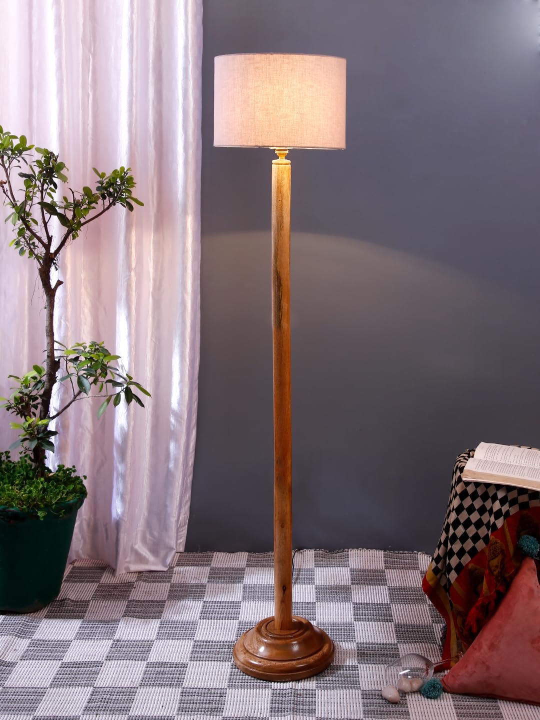 Grey Cotton Drum Shade with Wood Floor lamp for Decoration/Office/Home/Gifting/Study .-(12x12x57 Inches)
