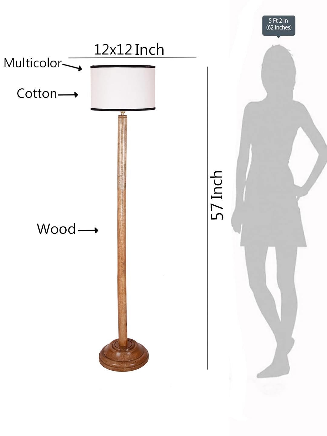 White & Black Cotton Drum Shade with Wood Floor lamp for Decoration/Office/Home/Gifting/Study .-(12x12x57 Inches)
