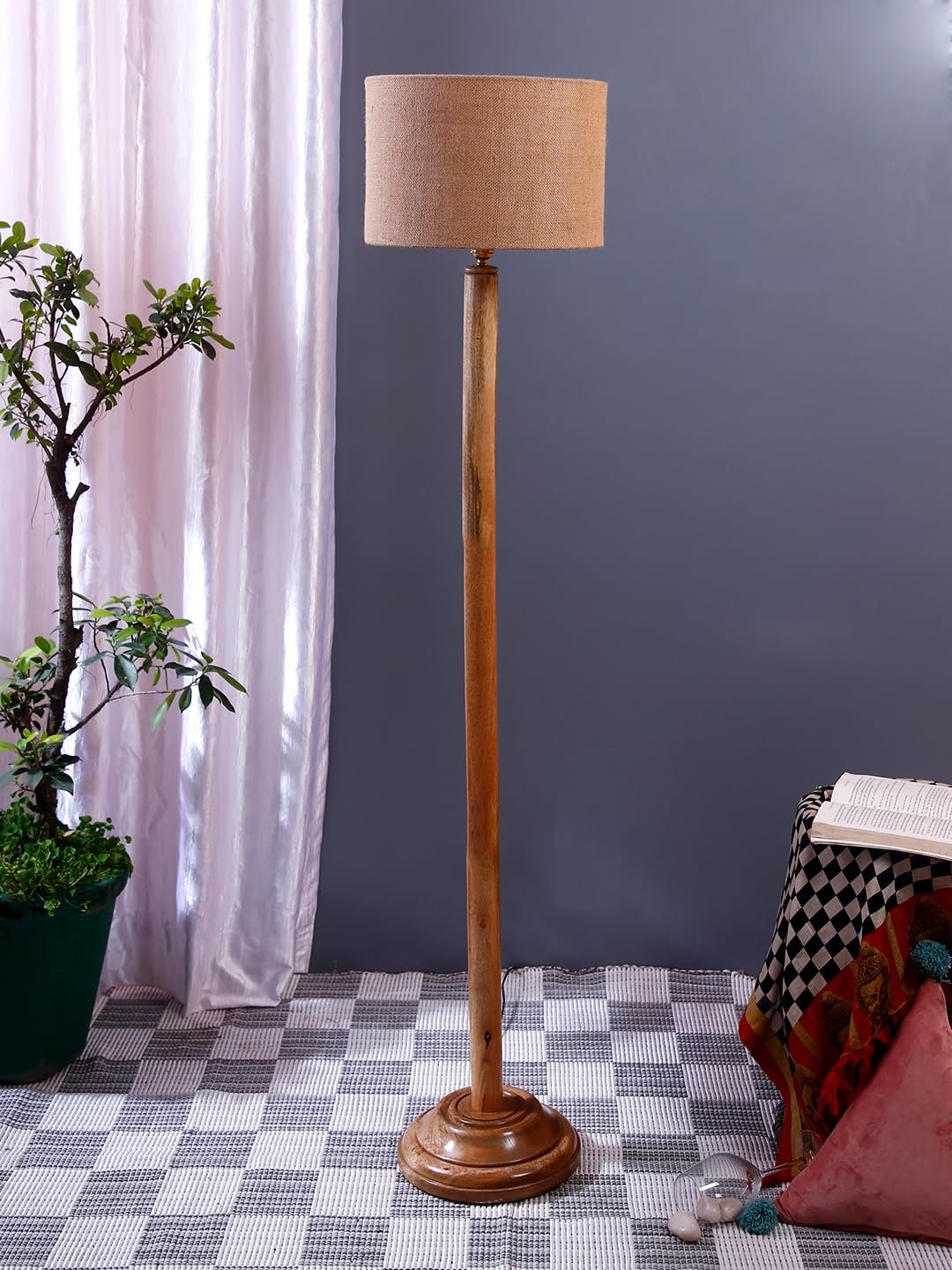 Beige Jute Drum Shade with Wood Floor lamp for Decoration/Office/Home/Gifting/Study .-(12x12x57 Inches)