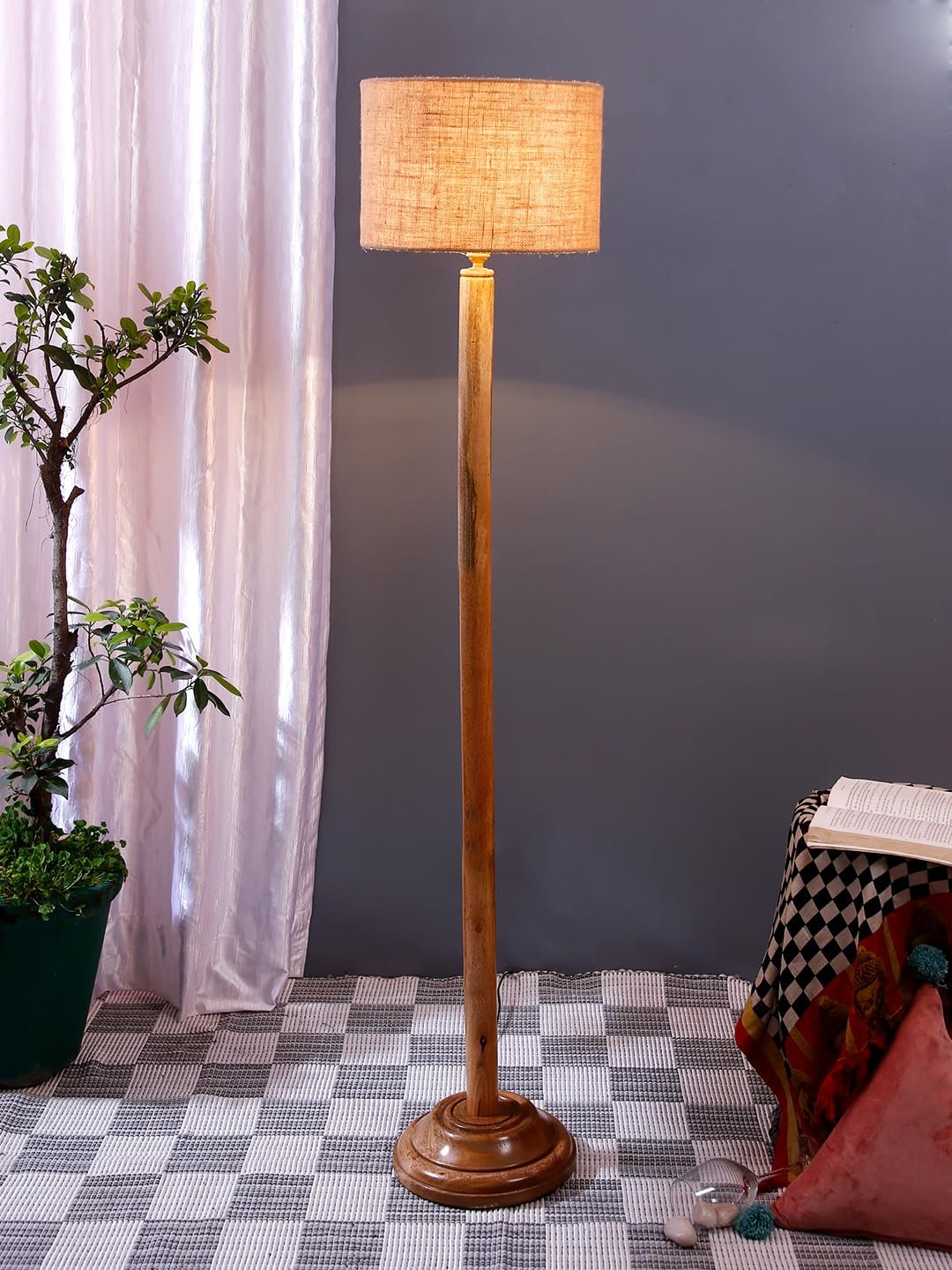 Beige Jute Drum Shade with Wood Floor lamp for Decoration/Office/Home/Gifting/Study .-(12x12x57 Inches)