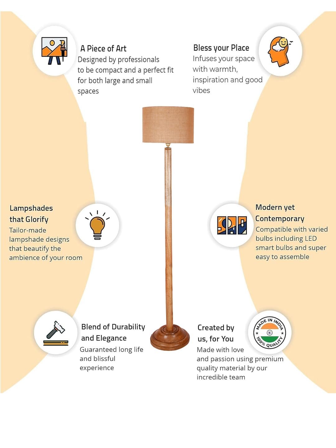 Beige Jute Drum Shade with Wood Floor lamp for Decoration/Office/Home/Gifting/Study .-(12x12x57 Inches)